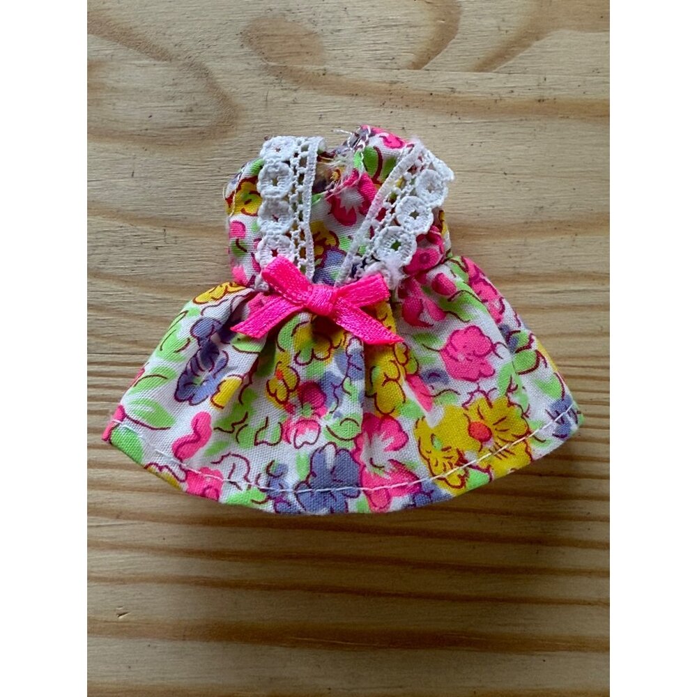 Floral Doll Dress For Kelly Sister Of Barbie With Lace Straps & Pink Bow
